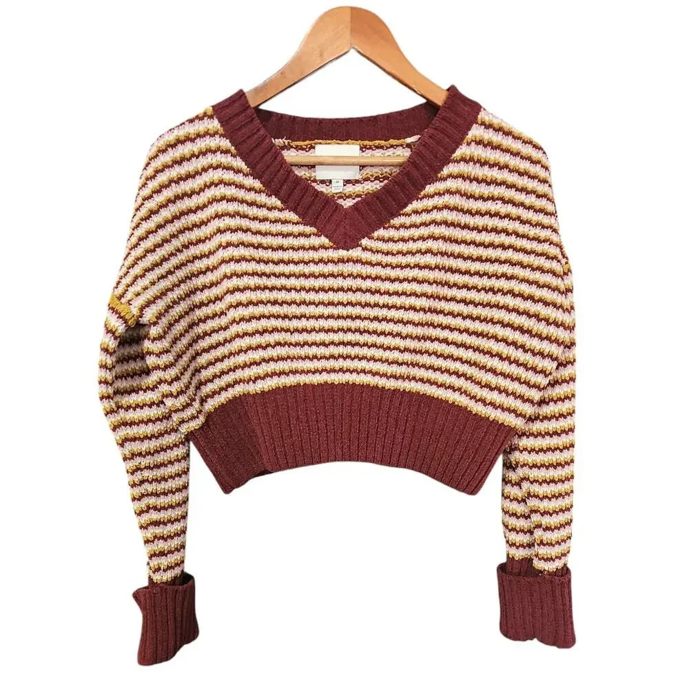 Pink Rose Stripe Cropped Sweater Maroon / Cream Size M